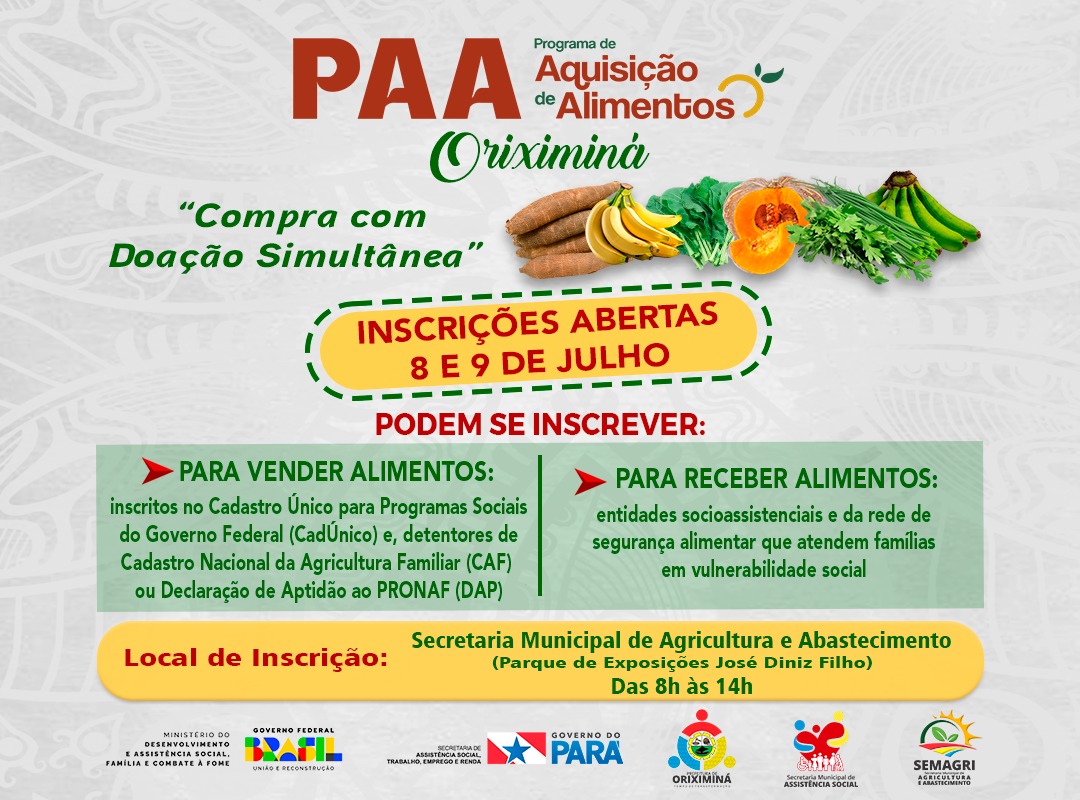 Programa de Aquisição de Alimentos (PAA) abre inscrições em Oriximiná